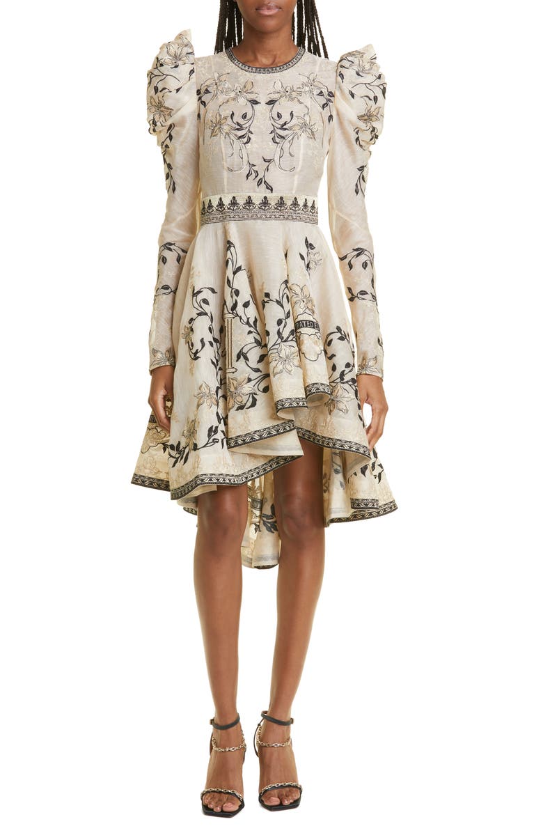 Zimmermann Lyrical Embroidery Long Sleeve High-Low Dress, Main, color, 