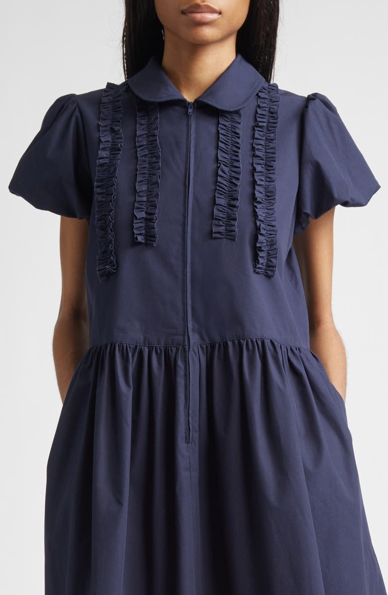 Sandy Liang Ensemble Ruffle Cotton Poplin Midi Dress, Alternate, color, Navy