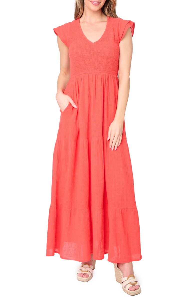 GIBSONLOOK Flutter Sleeve Cotton Gauze Maxi Dress, Main, color, Tangerine
