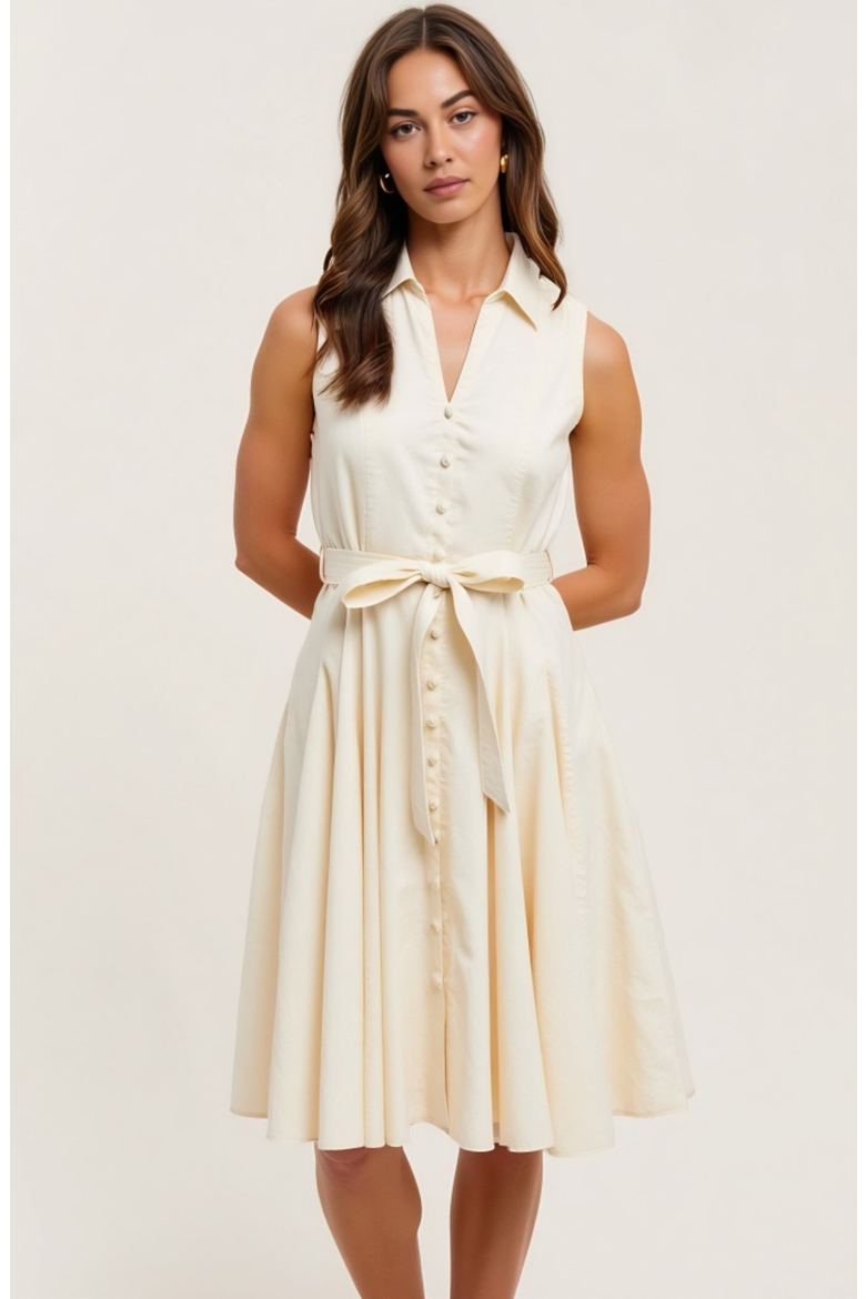 Sleeveless Button-Front Tie-Waist Shirt-Collar Fit-and-Flare Dress, Alternate, color, Ivory