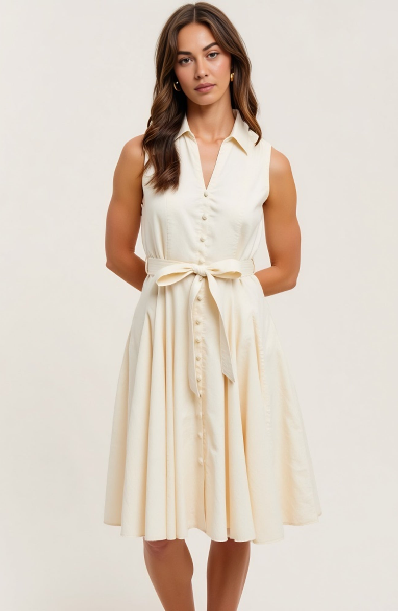 Modenaire Sleeveless Button-Front Tie-Waist Shirt-Collar Fit-and-Flare Dress, Alternate, color, Ivory