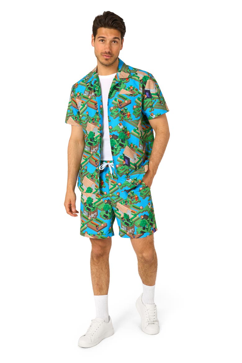 Minecraft™ Overworld Camp Shirt & Drawstring Shorts Set, Alternate, color, TEAL MULTI