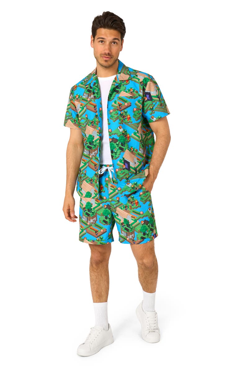 OppoSuits Minecraft<sup>™</sup> Overworld Camp Shirt & Drawstring Shorts Set, Alternate, color, Teal Multi