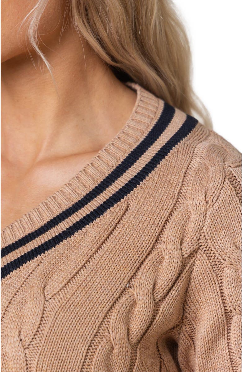 Hope & Henry Women's Organic V-Neck Cricket Sweater, Alternate, color, Camel Heather With Black