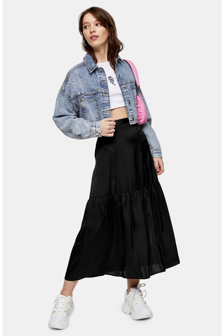 Satin Tiered Midi Skirt, Alternate, color, BLACK