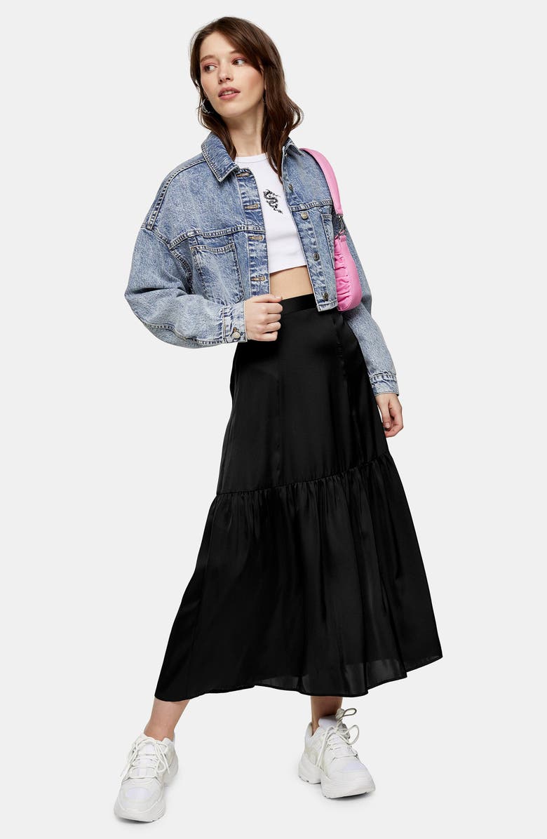 Topshop Satin Tiered Midi Skirt, Alternate, color,