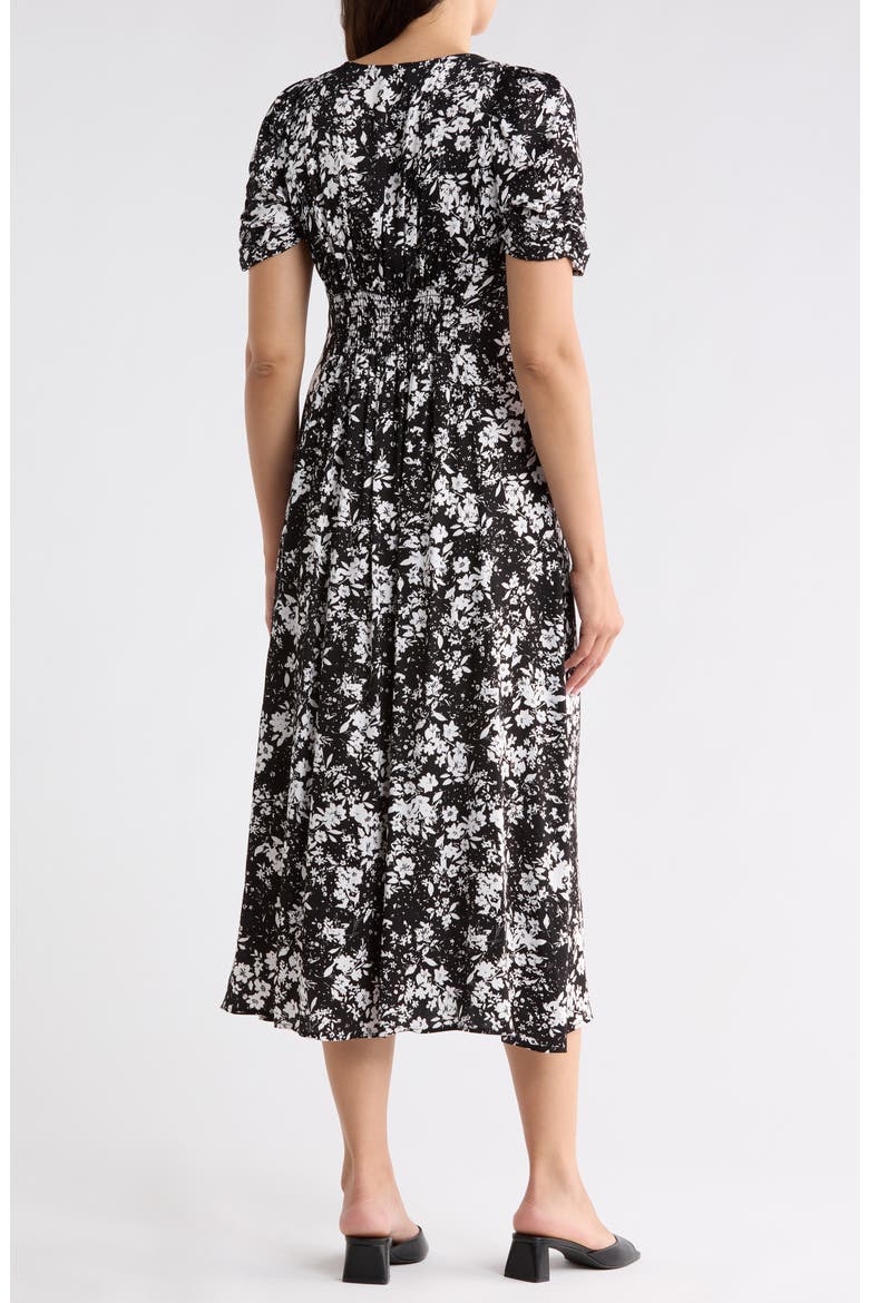 Floral Short Sleeve Midi Dress, Alternate, color, BLACK