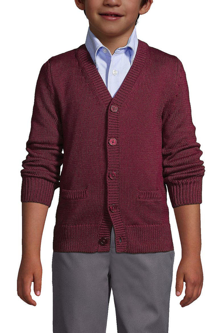 School Uniform Boys Cotton Modal Button Front Cardigan Sweater, Main, color, Burgundy