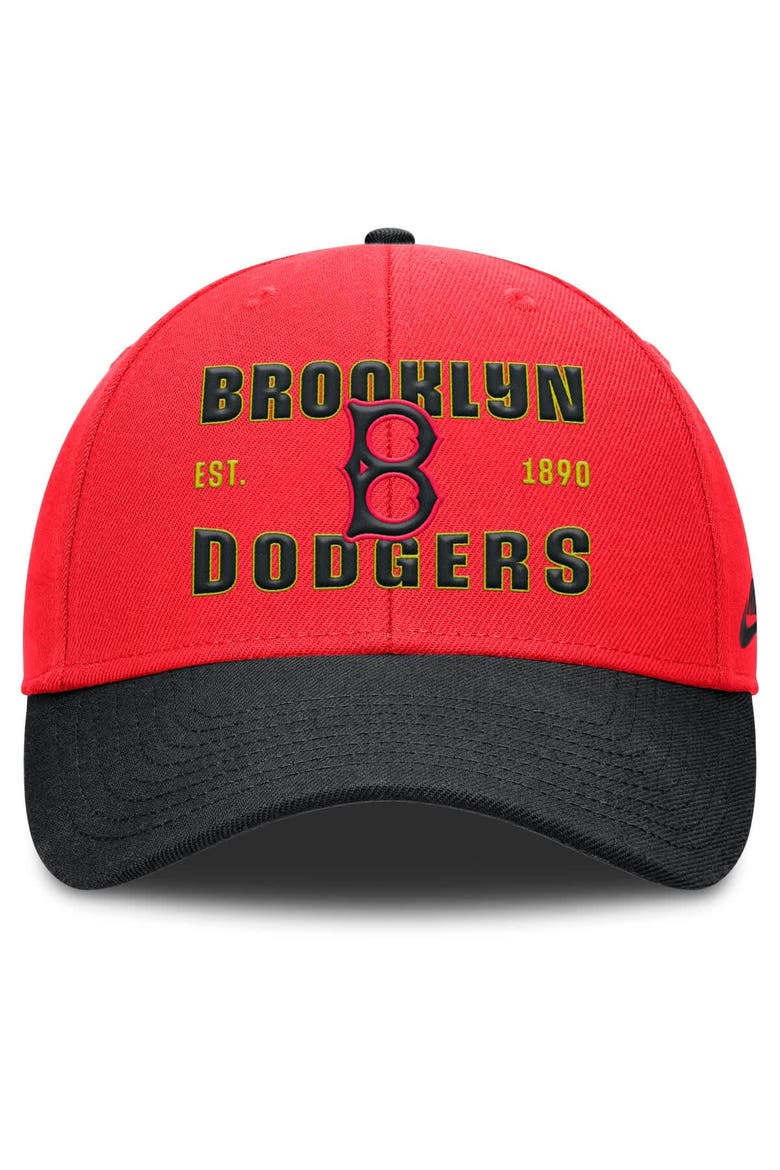 Men's Nike Crimson/Black Brooklyn Dodgers Cooperstown Collection Neon 90s Rise Adjustable Hat, Alternate, color, Crimson