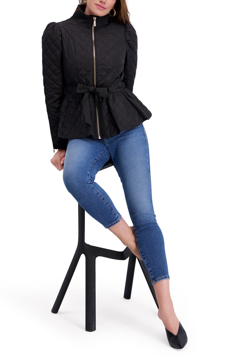 Kensie Quilted Peplum Jacket, Alternate, color, Black
