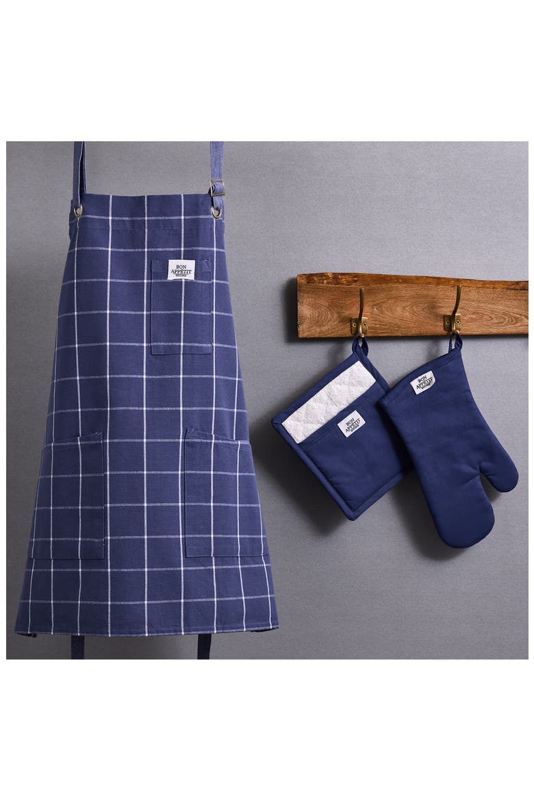 Windowpane Print Cotton Apron, Alternate, color, BLUE