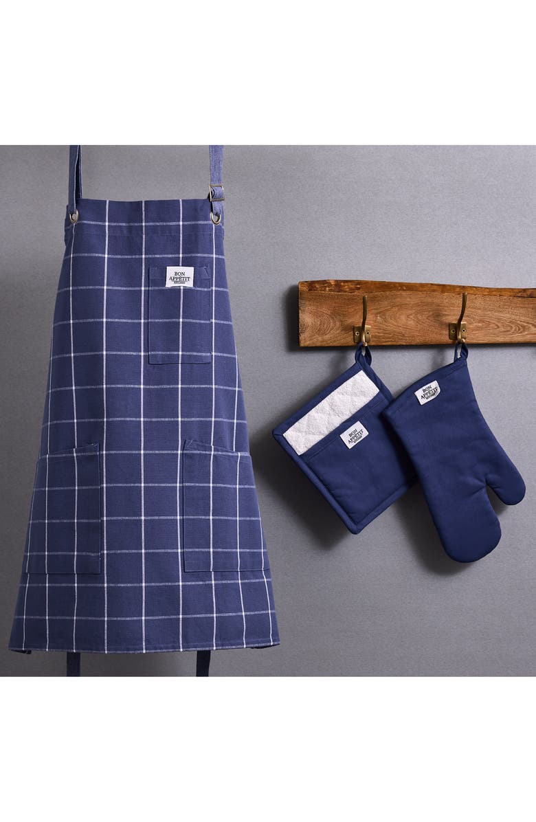 Design Imports Windowpane Print Cotton Apron, Alternate, color, Blue
