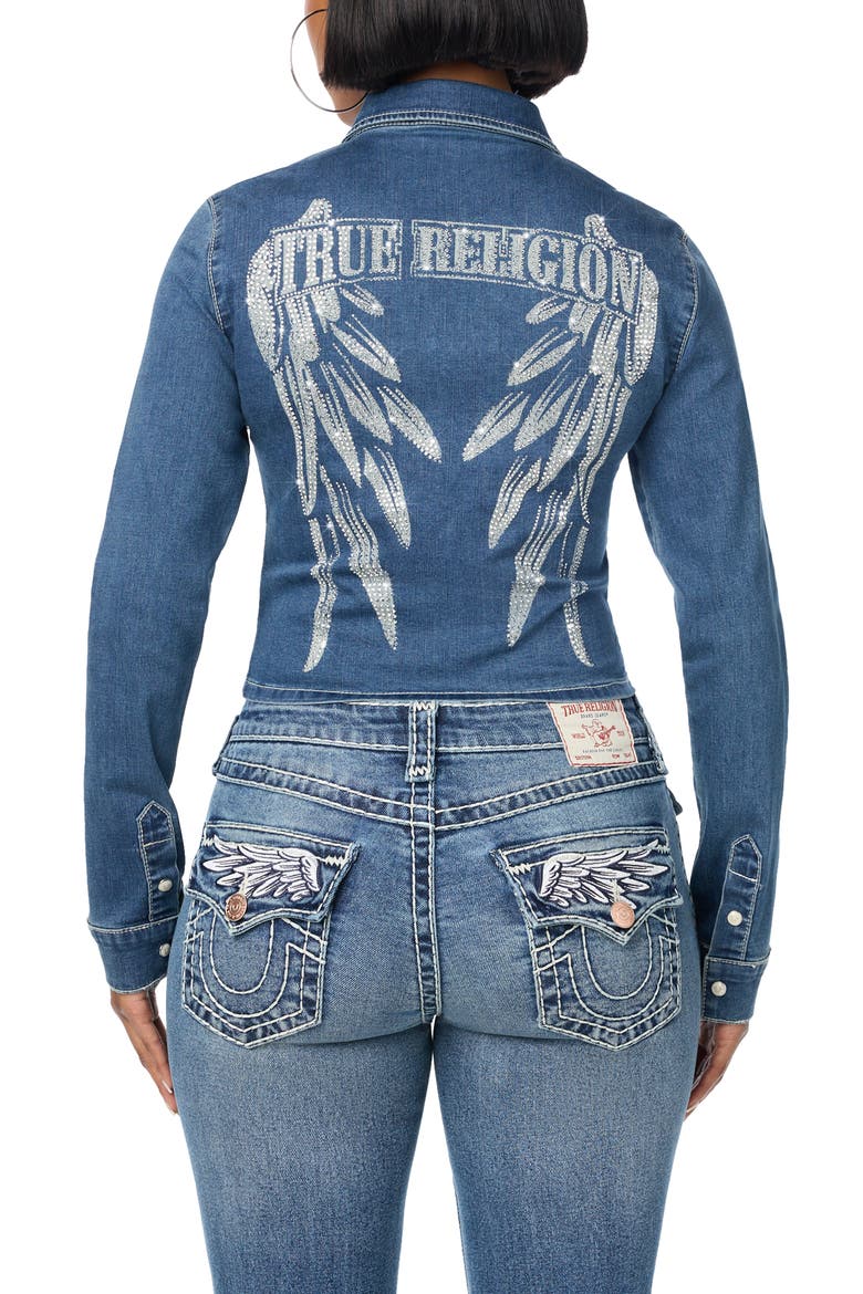 Crystal Logo Zip Front Denim Shirt, Alternate, color, SUGAR LACE