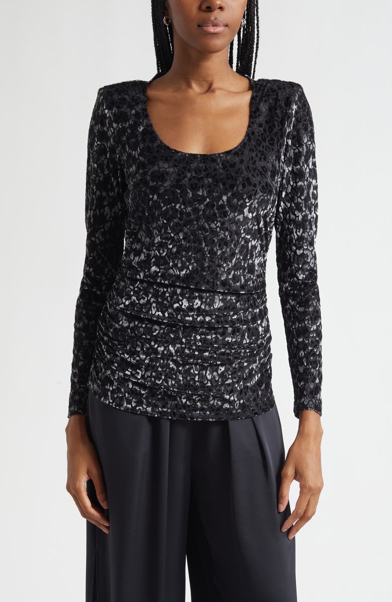 Ramy Brook Lira Platinum Jacquard Shirt, Main, color, Black Leopard Burnout
