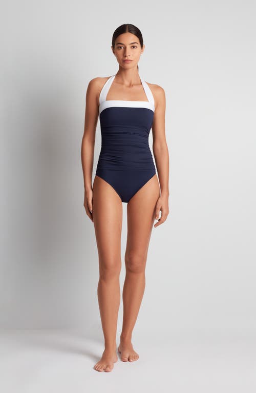 Ralph Lauren Bel Air Shirred Bandeau One-piece In Black And White