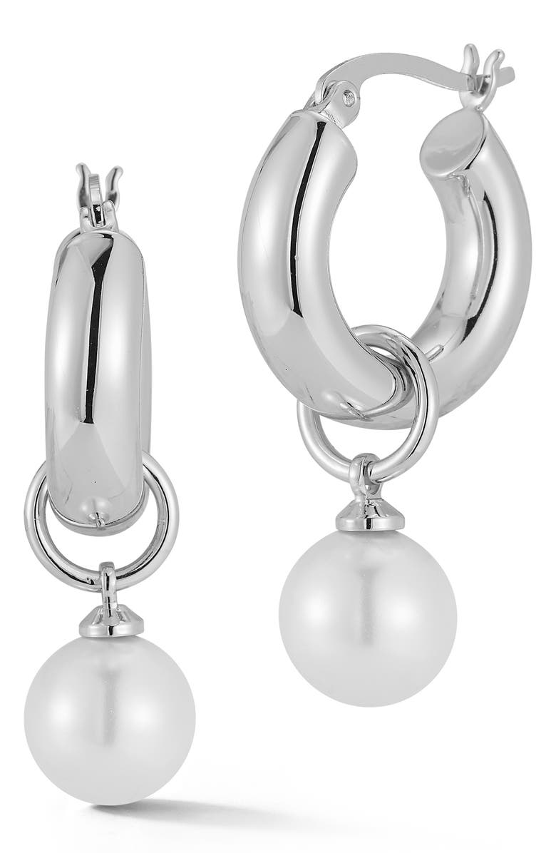 GLAZE JEWELRY Faux Pearl Drop Huggie Hoop Earrings, Main, color, Silver