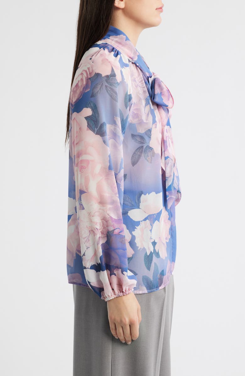 Tahari ASL Floral Print Tie Neck Top, Alternate, color, Blue Petal Floral