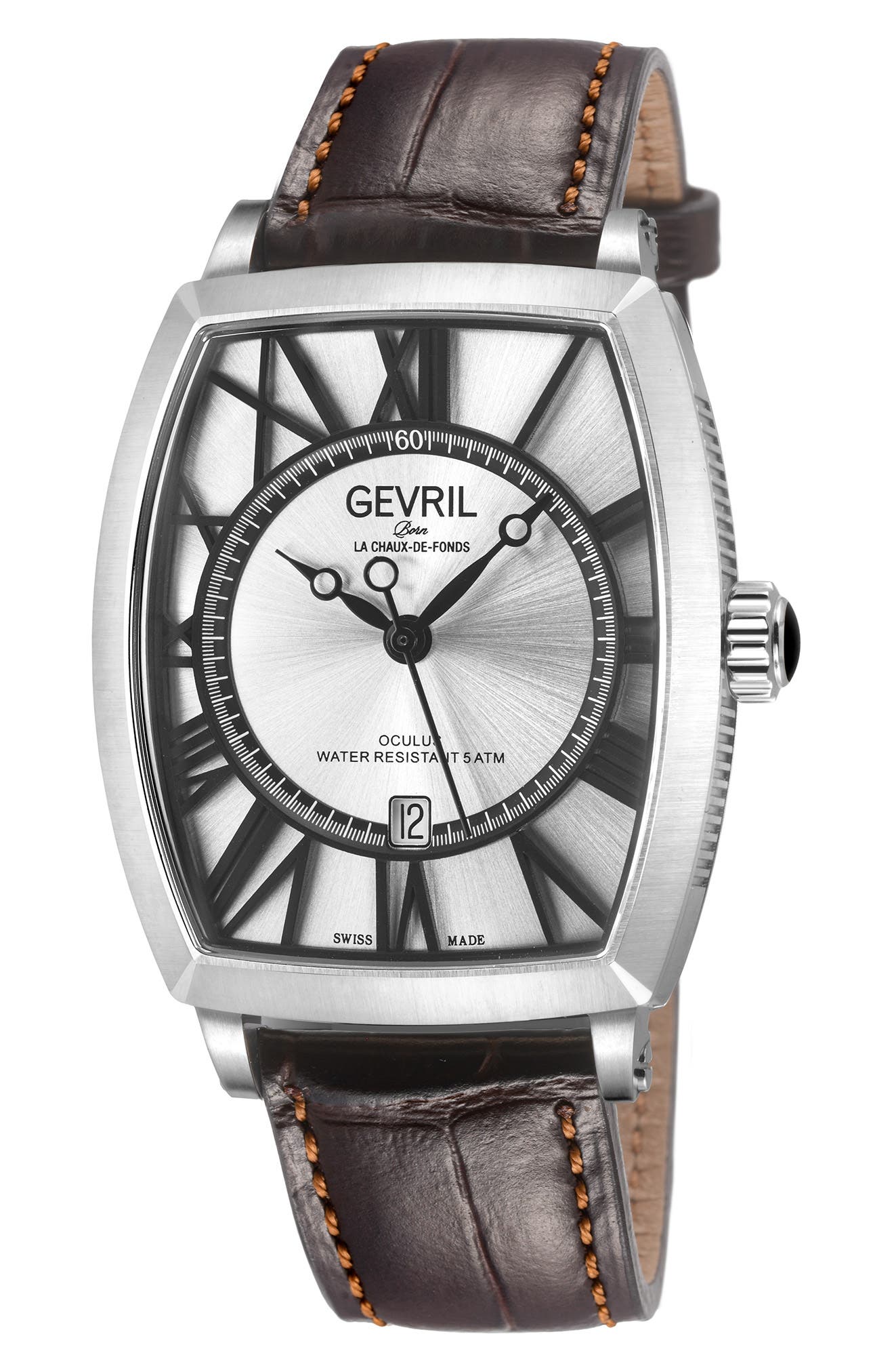 GEVRIL Oculus Automatic Leather Strap Watch, 36mm x 43mm