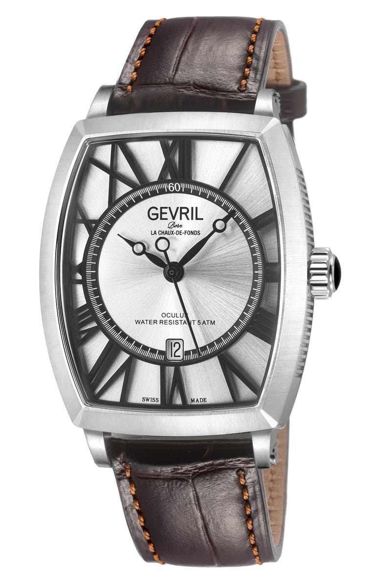 GEVRIL Oculus Automatic Leather Strap Watch, 36mm x 43mm, Main, color, 