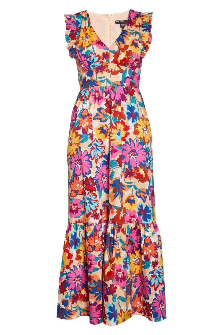 V-Neck Ruffle Sleeve Floral Print Stretch Cotton Maxi Dress, Alternate, color, SOFT WHITE/ HOT PINK