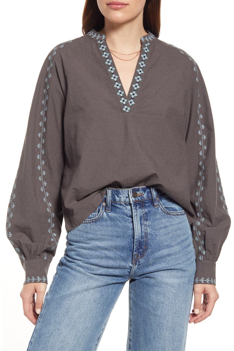 Puff Sleeve Button-Up Shirt, Main, color, GREY PAVEMENT COMBO