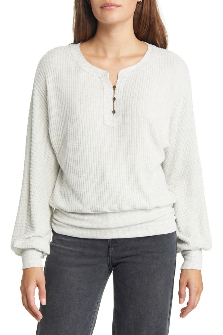 Blouson Sleeve Waffle Knit Henley Top (Nordstrom Exclusive), Main, color, HEATHER CREAM