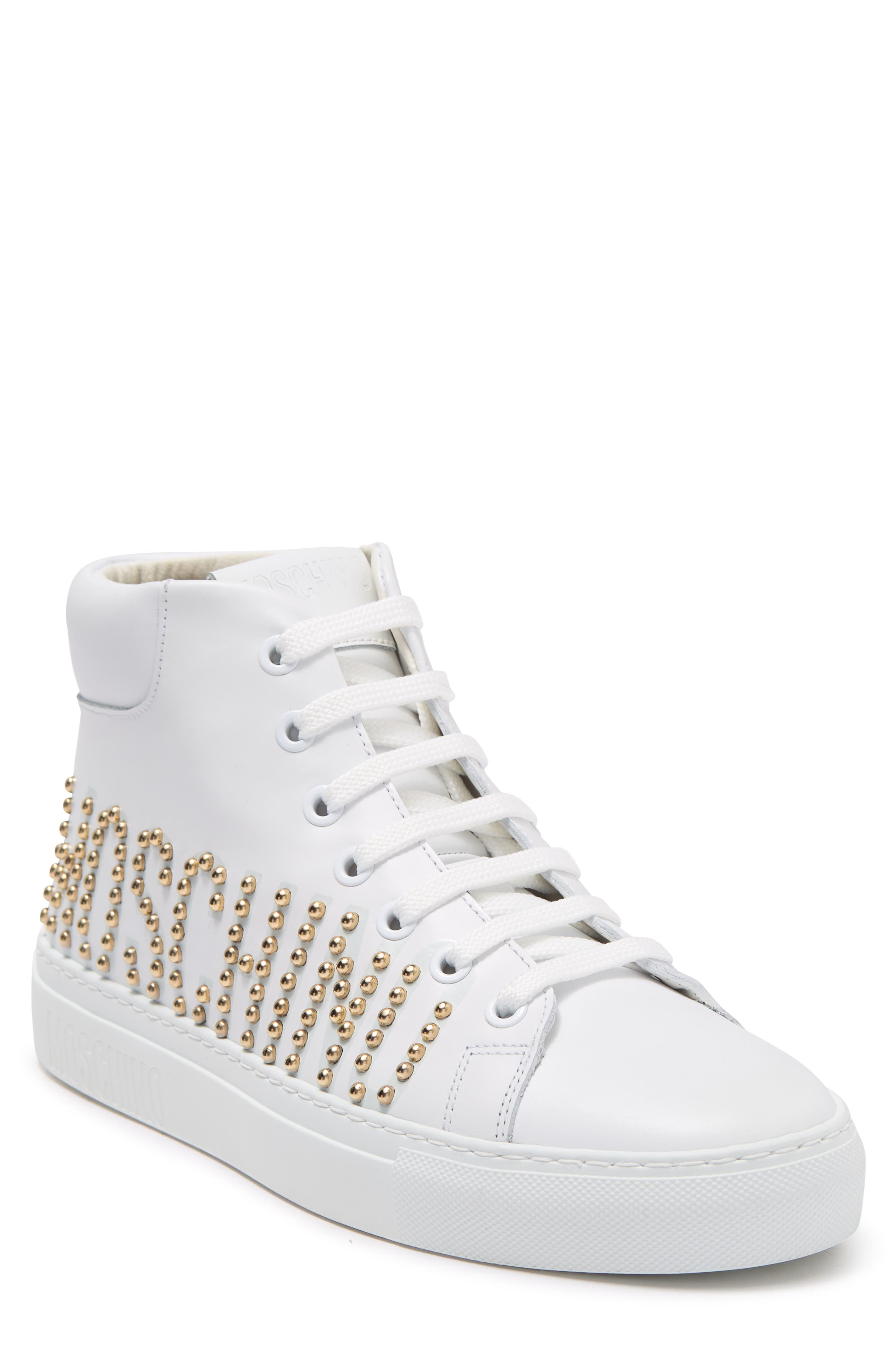 Moschino Logo Stud Leather High Top Sneaker, Main, color, 
