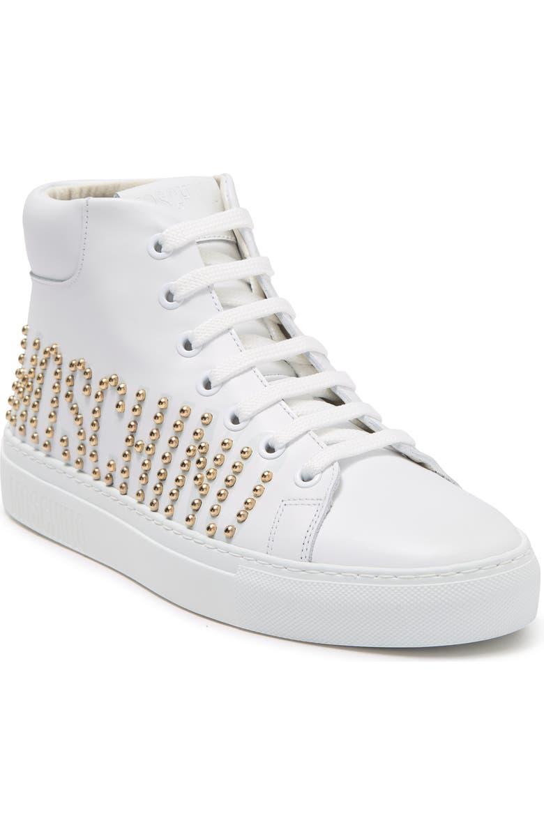Moschino Logo Stud Leather High Top Sneaker, Main, color,