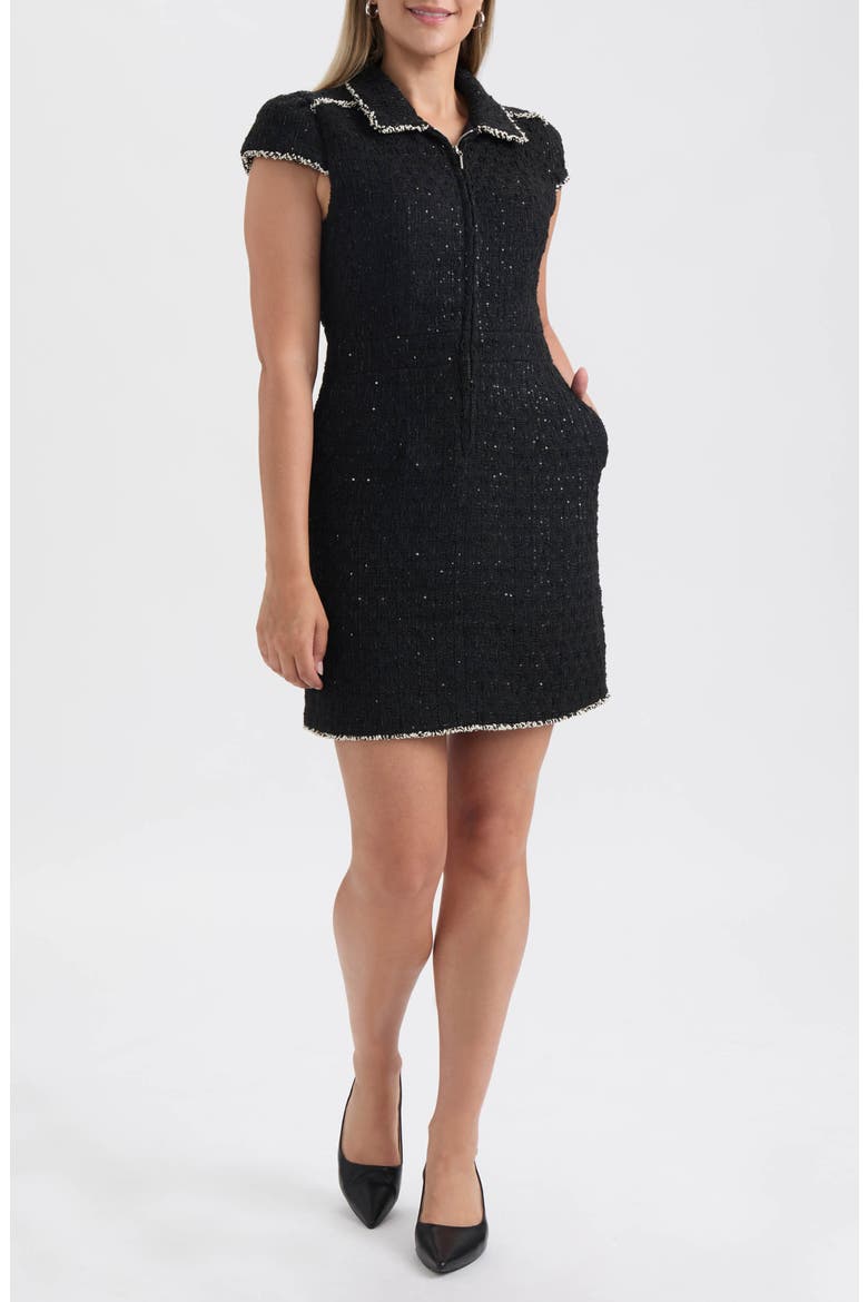 Cap Sleeve Tweed Dress, Main, color, BLACK