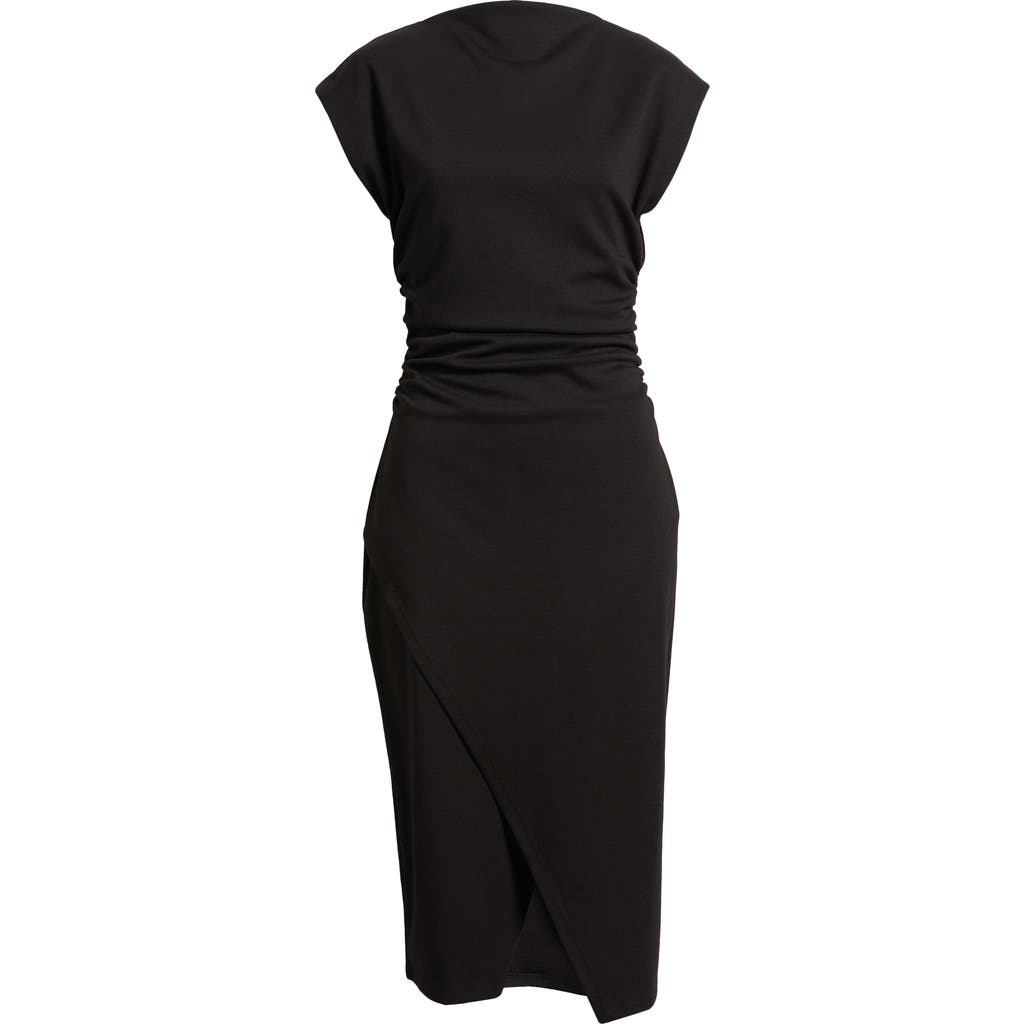 Nordstrom Ruched Funnel Neck Midi Dress In Black