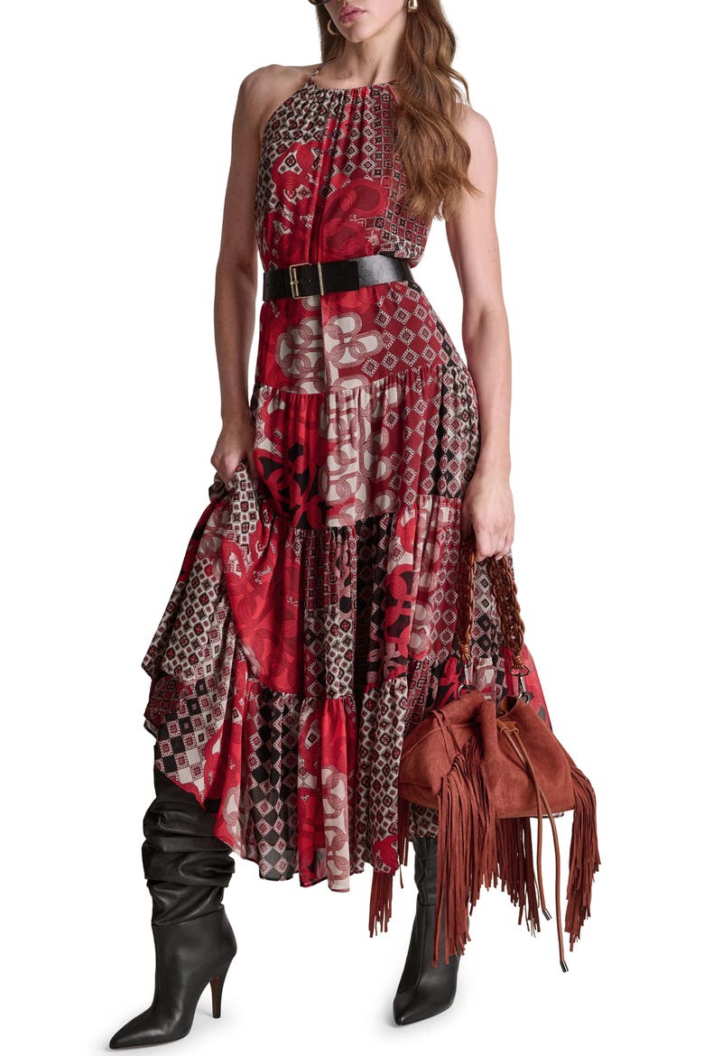 Halter Neck Midi Dress, Alternate, color, FIRE LILY