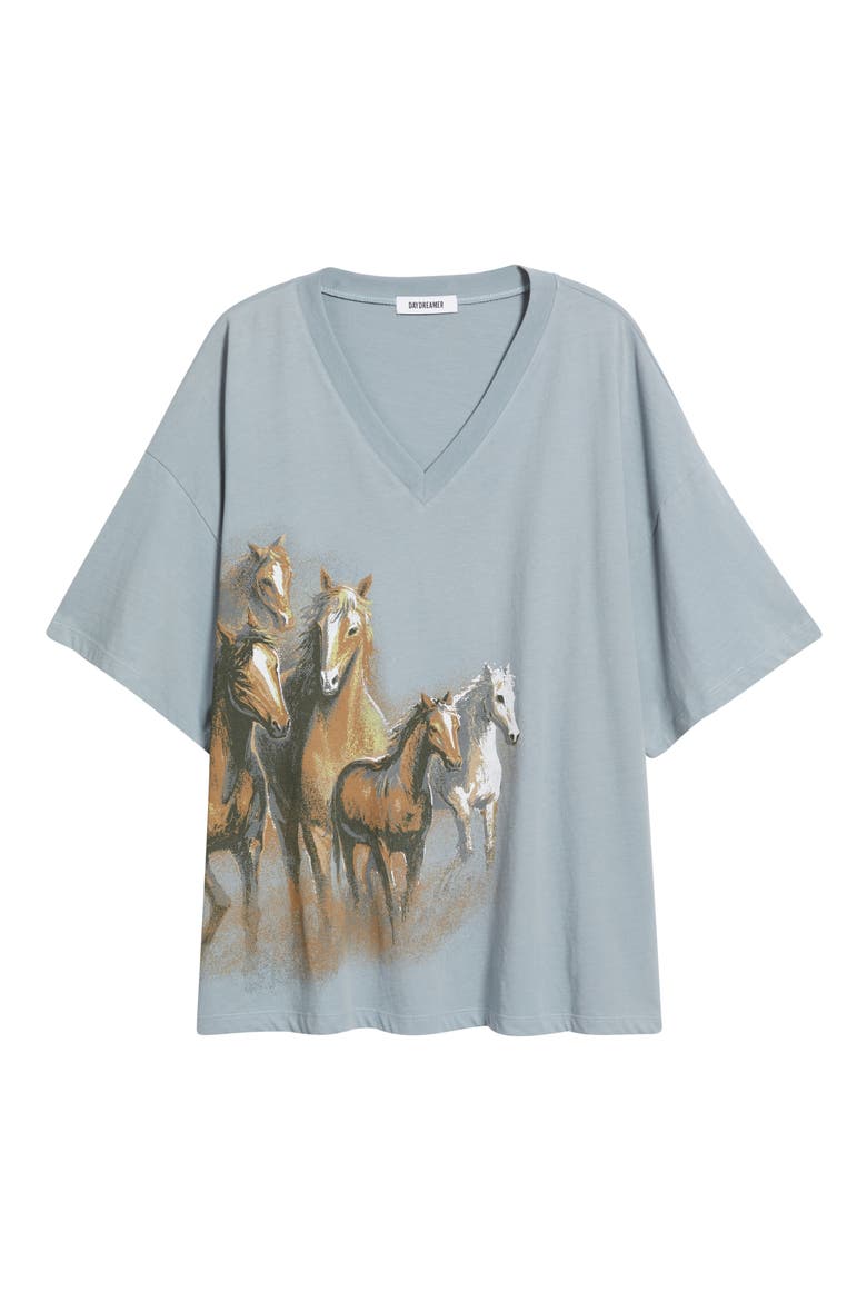 Wild Horses Oversize V-Neck Cotton Graphic T-Shirt, Alternate, color, LIGHT BLUE