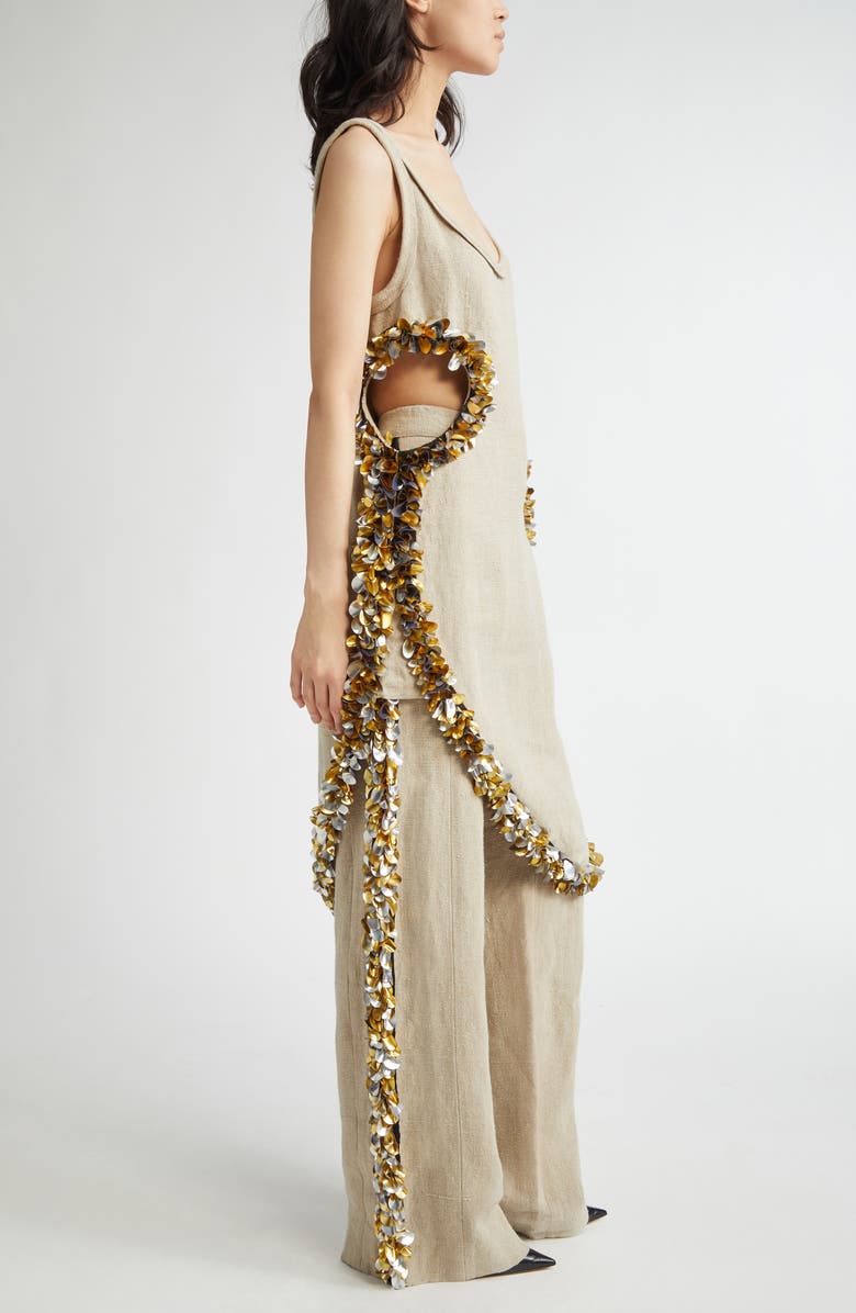 Diotima Scatter Fringe Cutout Wool Midi Dress, Alternate, color, Beige