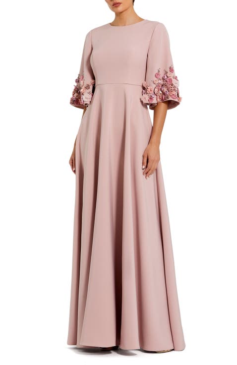 Stretch Satin Elbow Sleeve Gown With Flower Trim