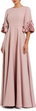 Mac Duggal Stretch Satin Elbow Sleeve Gown With Flower Trim