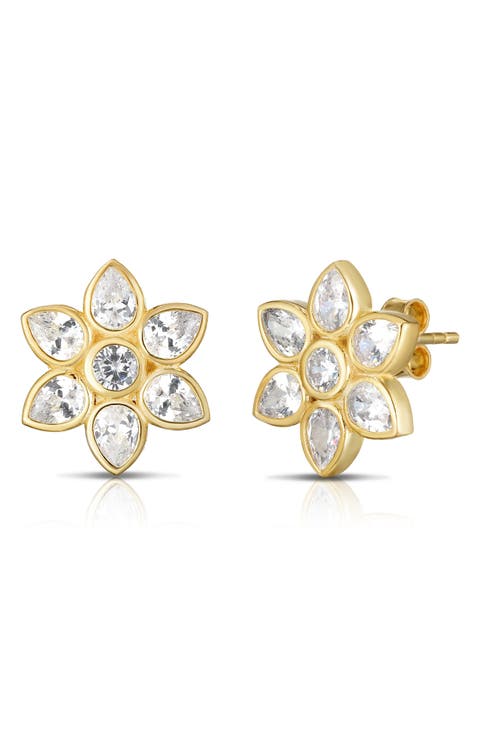 14k Gold Plated Cubic Zirconia Flower Stud Earrings