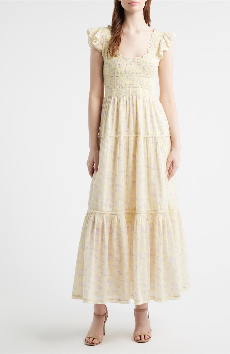 LoveShackFancy Chessie Floral Tiered Midi dress, Main, color, 