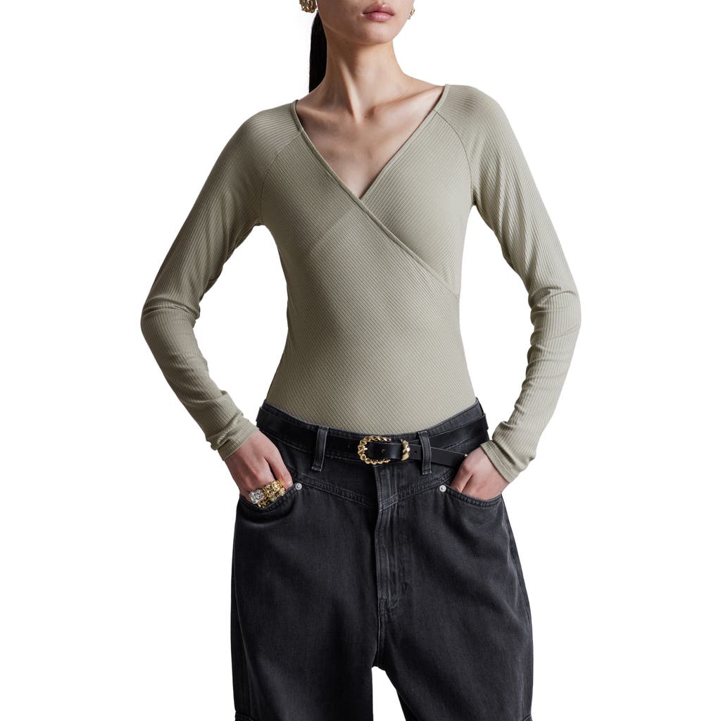 & Other Stories Long Sleeve Rib Bodysuit In Khaki Green Dusty Li