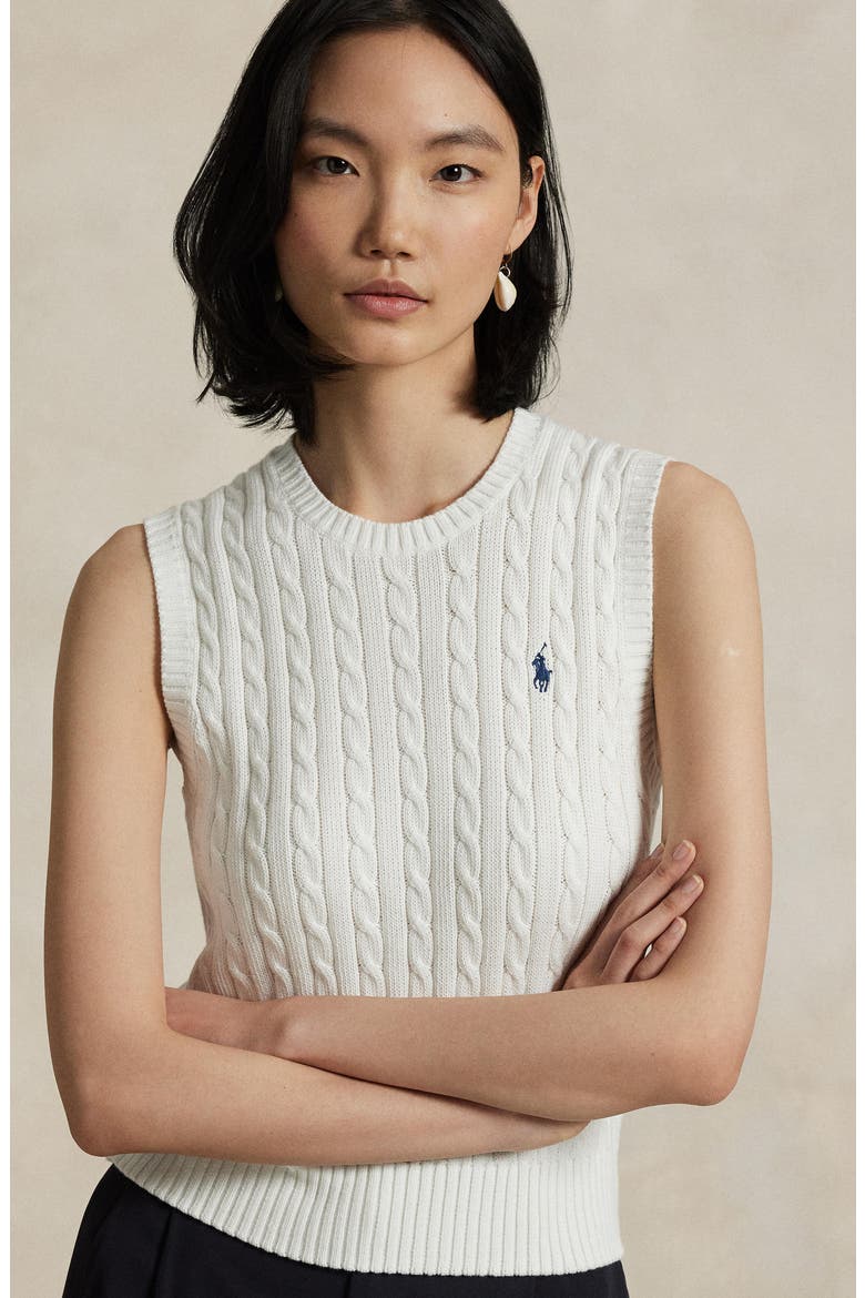 Cable Knit Cotton Sweater Vest, Alternate, color, WHITE
