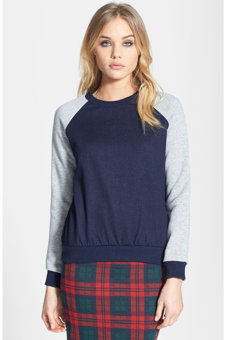 Moto Raglan Sleeve Denim Sweatshirt, Main, color, INDIGO