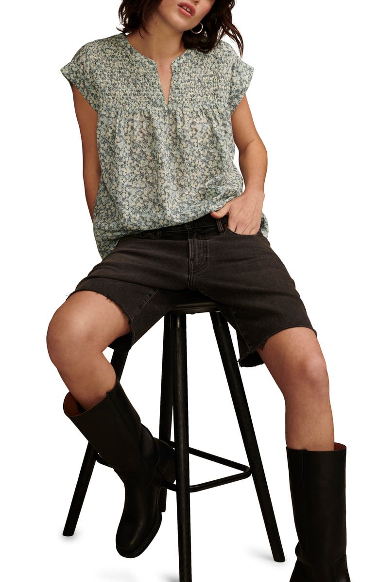 Lucky Brand Print Smocked Top, Alternate, color, Aqua Multi