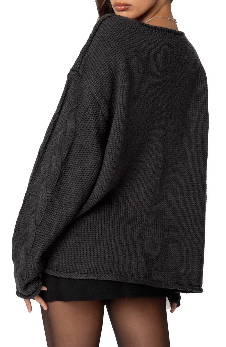 EDIKTED Inga Oversize V-Neck Cable Sweater, Alternate, color, Dark-Gray