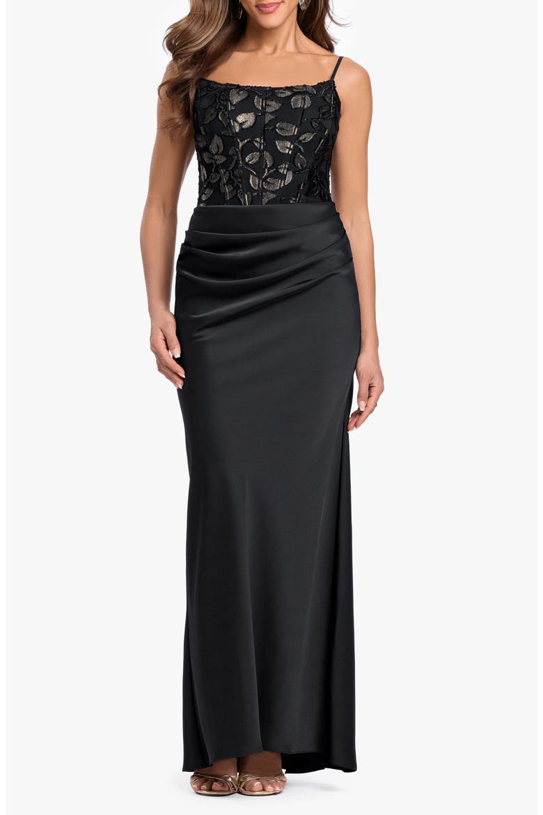 Burnout Corset Satin Gown, Main, color, BLACK/ GOLD