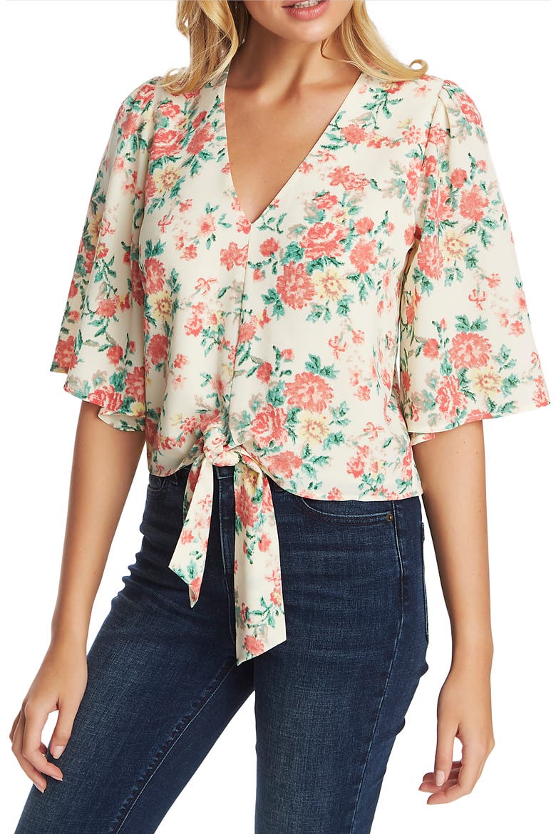 Ikat Bouquet Tie Front Top, Main, color, S.ECRU MULTI