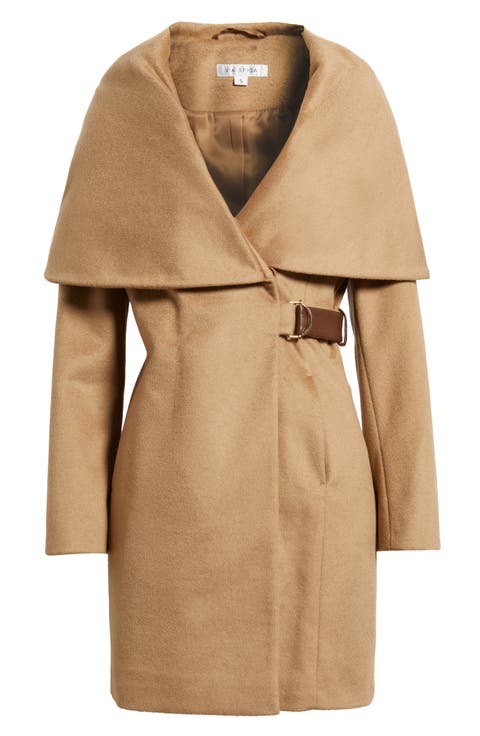 Hooded Wool Blend Belted Coat