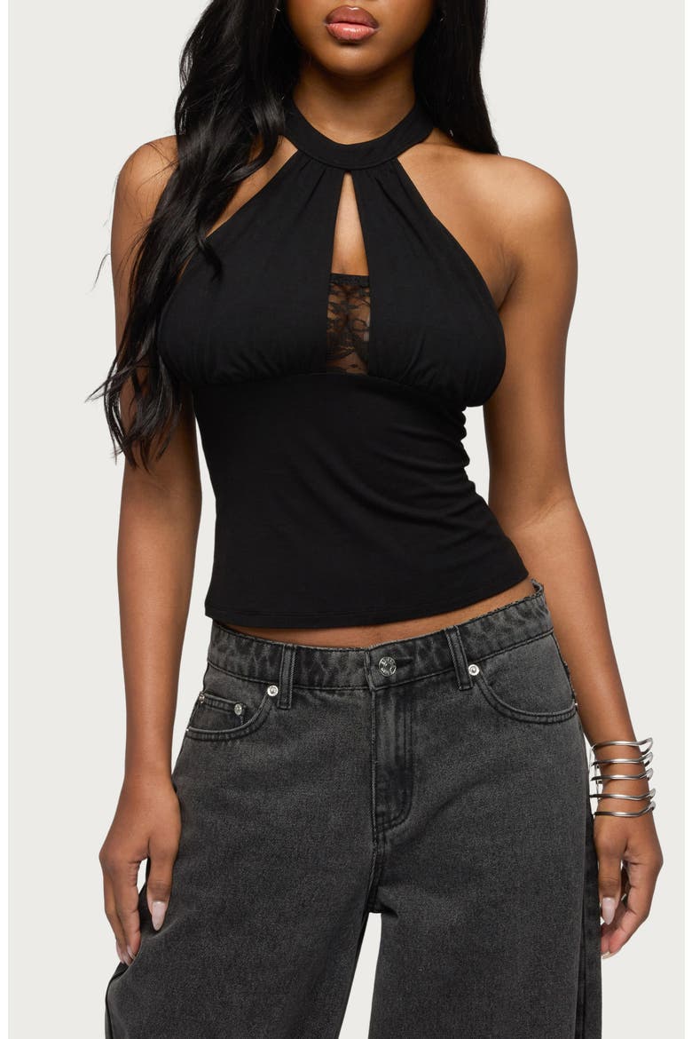 Lielle Lace Trim Halter Top, Main, color, BLACK