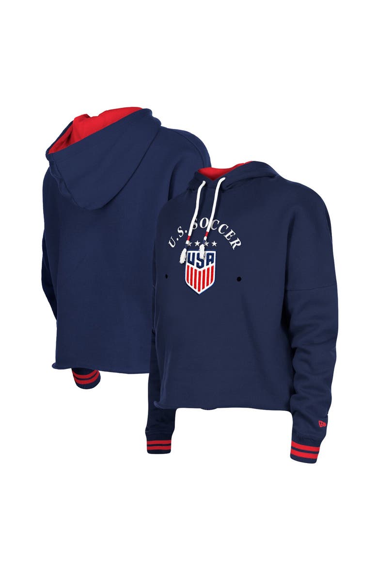 Women's 5th & Ocean by New Era Navy USWNT Athleisure Cropped Fleece Pullover Hoodie, Main, color, Navy