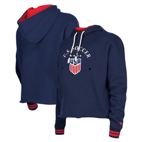 Women's 5th & Ocean by New Era Navy USWNT Athleisure Cropped Fleece Pullover Hoodie