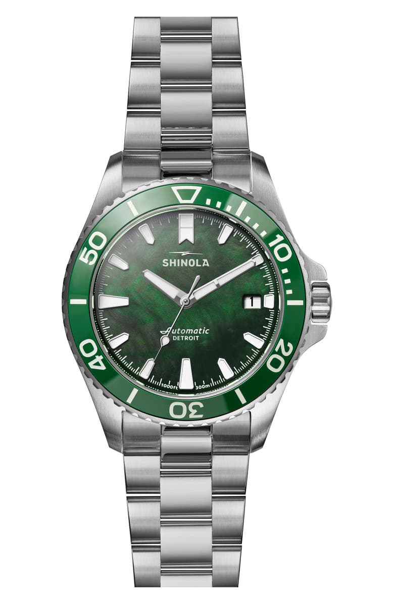 Shinola Monster Lake Ontario Automatic Dive Bracelet Watch, 39mm, Main, color, Lake Green Mother Of Pearl