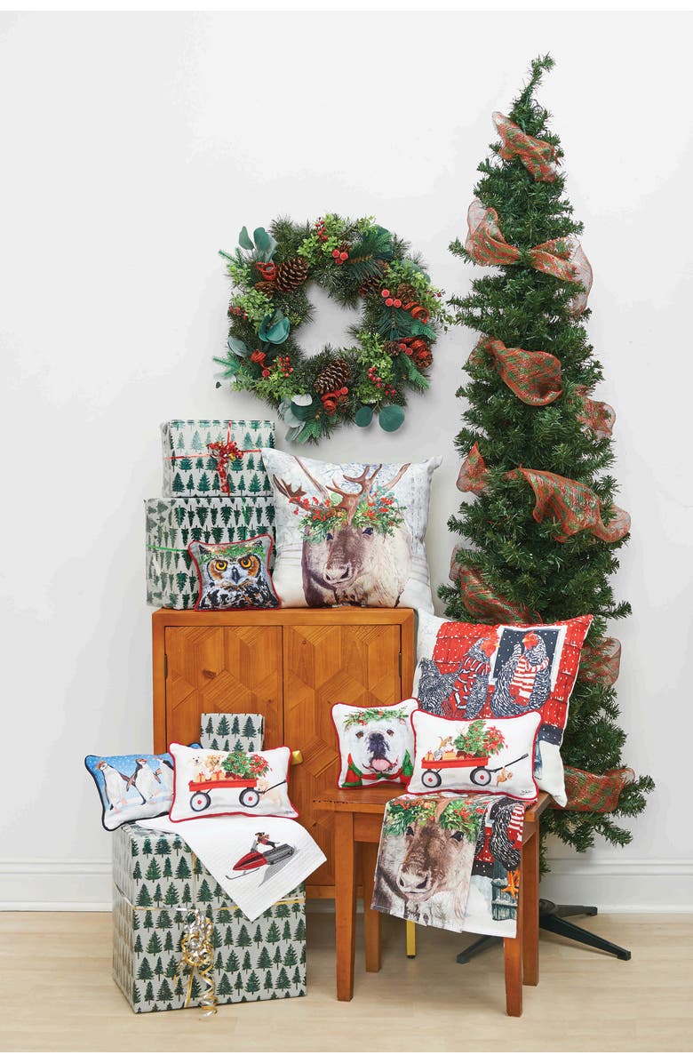 C&F Home Reindeer Wearing Holly Flower Crown Indoor/Outdoor Christmas Accent Throw Pillow 18" x 18", Alternate, color, Brown